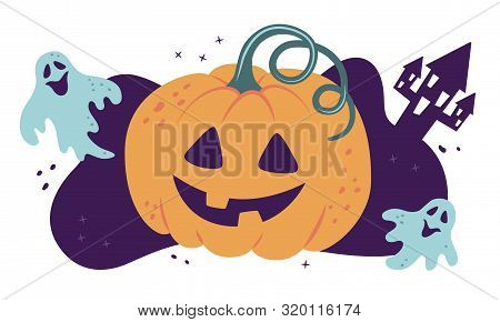 Halloween. Pumpkin And Ghosts. Vector Illustration In Cartoon And Flat Style.
