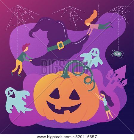 Halloween. Pumpkin And Witch Hat. Vector Illustration In Cartoon And Flat Style. Modern Colors