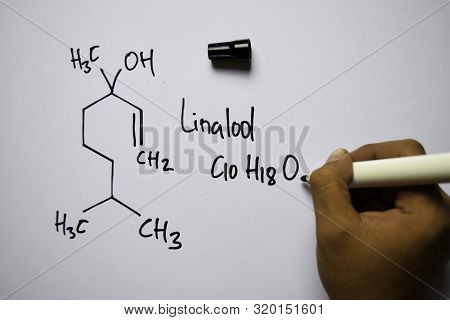 Linalool (c10,h18,o) Molecule Written On The White Board. Structural Chemical Formula. Education Con