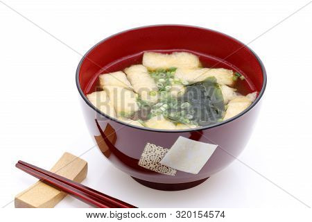 Japanese Food, Miso Soup Of Age And Wakame On A Bowl