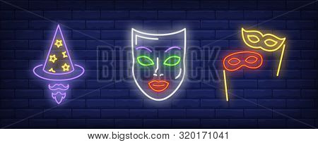 Wizard Hat, Moustache And Masks Neon Signs Set. Carnival, Fun, Party, Masquerade Design. Night Brigh