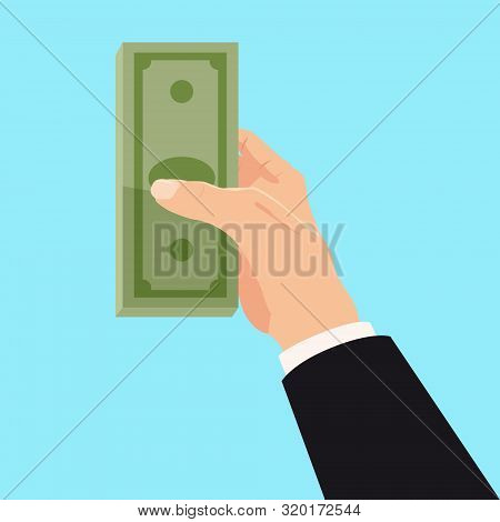 Money On Businessman Hand, Bill, Bank Note. Businessman Giving A Cache. Vector Illustration In Carto