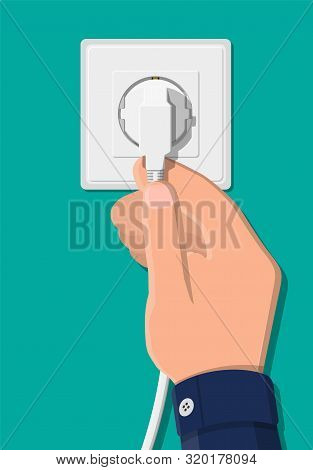 Electrical Outlet And Hand With Plug. Electrical Components. Wall Socket With Cable. Vector Illustra
