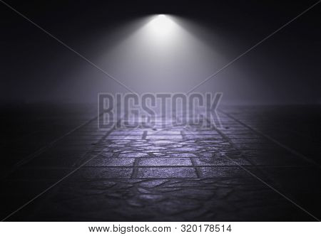 Empty Background Scene. Dark Street Reflection On Wet Asphalt. Rays Of Neon Light In The Dark, Neon 