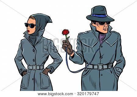 Man And Woman Secret Agents, Spies. Isolate On White Background. Comic Cartoon Pop Art Retro Illustr