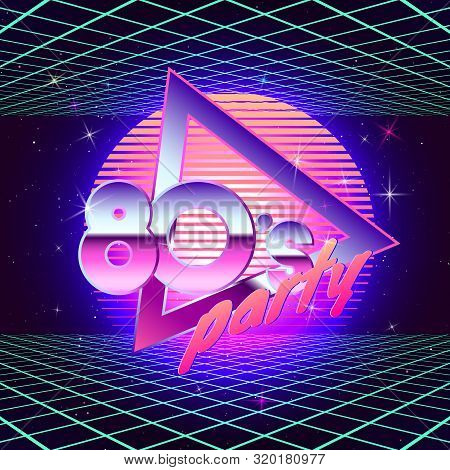 Paster Template For Retro Party 80s With Laser Rays. Neon Colors. Vintage Electronic Music Flyer. Ve