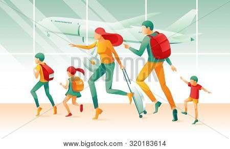 Cartoon Family In Hurry Airport Terminal Window Vector Illustration. Father Mother Son Daughter In D