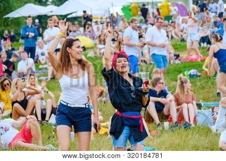 Moscow - June 22, 2019: People attend open-air concert at International Jazz Festival Usadba Jazz in Kolomenskoe Park