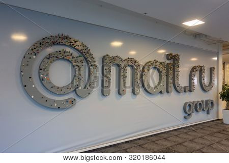 Moscow - June 22, 2019: Mail.ru group IT company sign in main office