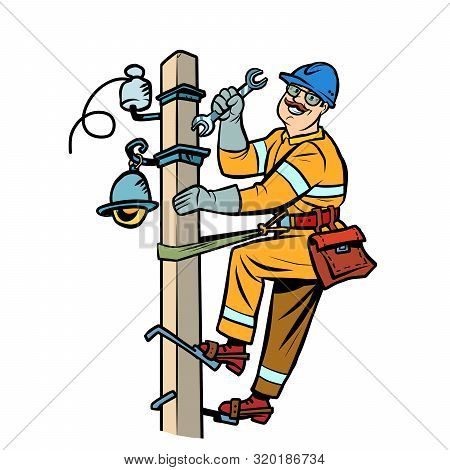 Electrician On The Power Pole. Pop Art Retro Vector Illustration Drawing