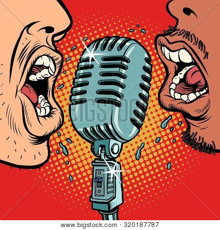 African And Caucasian People Vintage Retro Microphone. Music Standup Concert Radio Podcast Blog. Com