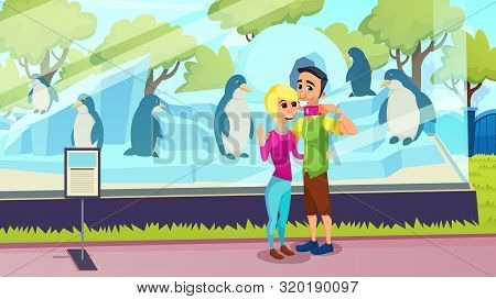 Man And Woman Take Selfie On Background Aviary With Penguins At Zoo. Animal In Ice Aviary. Vector Il
