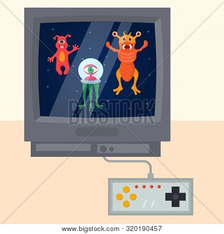 Ufo Game Fantastic Characters On Television Sqreen With Game Joystick Vector Illustration. Ufo And A