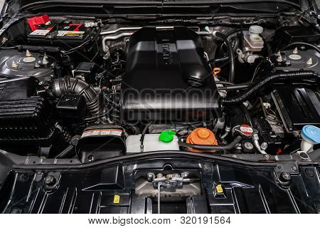 Novosibirsk, Russia - August 19, 2019:  Suzuki Grand Vitara, Close Up Detail Of  Car Engine, Front V