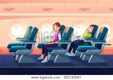 Man Sleep In Airplane, Freelancer Girl Work On Laptop In Plane Salon, Passengers Traveling On Vacati