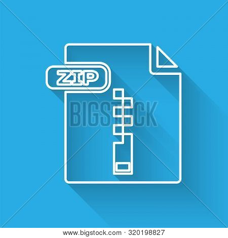 White Line Zip File Document. Download Zip Button Icon Isolated With Long Shadow. Zip File Symbol. V
