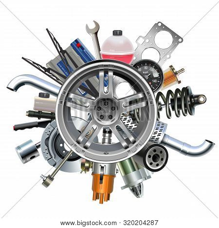 Vector Car Parts With Wheel Disk Isolated On White Background