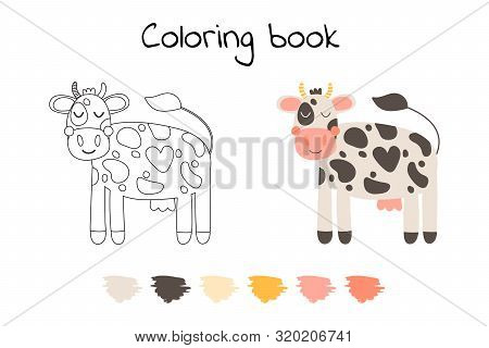 Vector Illustration. Cute Funny Farm Animal For Kids. Coloring Page Cartoon Cow. Black, White And Pi