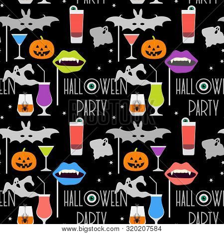 Halloween Party 2020. Vector Seamless Pattern With Inscription Halloween Party, Eye, Bat Mask, Vampi