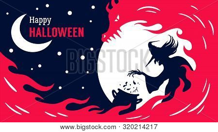 Happy Halloween Poster With A Witch Who Make A Fiery Brew.