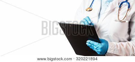 Portrait Of Female Doctor With Stethoscope, Mask And Document Folder Isolated On White Background. F