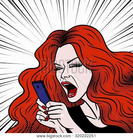 Comic Style Girl Angry At Her Phone Message And Swearing, Beautiful Young Redhead Woman, Pop Art, Ve