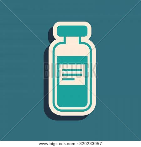 Green Medical Vial, Ampoule, Bottle Icon Isolated On Blue Background. Vaccination, Injection, Vaccin
