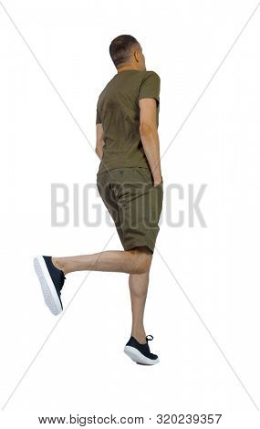 Back view of man in zero gravity or a fall. guy is flying, falling or floating in the air. Side view people collection. side view of person. Isolated over white background. Jumping guy in sneakers.