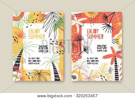 Enjoy Summer Party Vector Poster Templates Set. Open Air Festival Invitation Decorated With Palm Tre