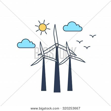 Windmills Vector Color Linear Illustration. Windturbine For Electric Power Generation Isolated Clipa