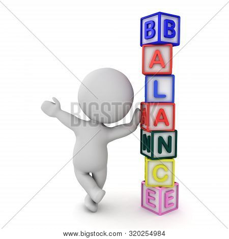 3D Character Leaning On Stack Of Letters Block Spelling Balance