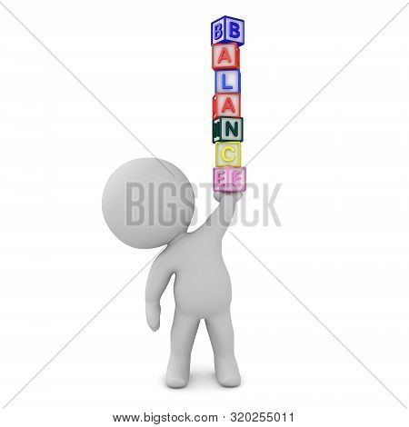 3D Character Holding Up A Stack Of Letters Saying Balance