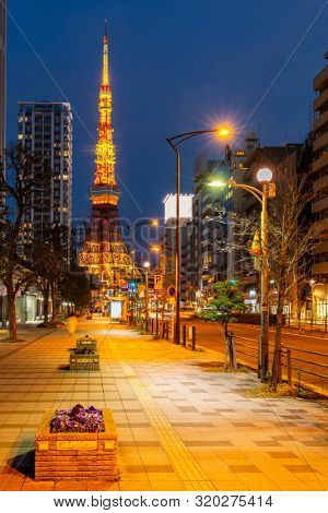Tokyo Tower at dusk with Tokyo skyline city scape in monato ward. Tokyo Tower is famous landmark height 332.9 metres, the second-tallest tower in Japan.