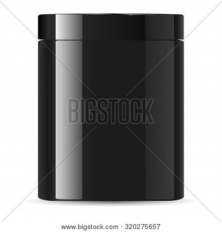 Black Jar. Cream Container. Cosmetic Jar Mockup. Glossy Plastic Packaging. Black Medicine Supplement