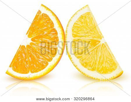 Ripe Slices Of Yellow Lemon And Orange Citrus Fruits Stand Isolated On White Background. Lemon And O