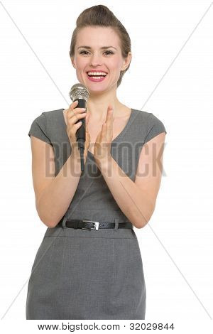Woman Reporter With Microphone Applauding Isolated