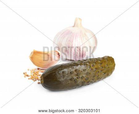Pickled Cucumber With Products On White Background