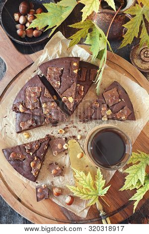Autumn Coffee Pause. Kladdkaka, Swedish Chocolate Cake And Cup Of Coffee, Top View