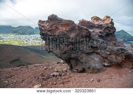 Extinct Volcano Eldfell On The Background Of The Island Heimaey