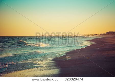 A Lone Seagull Standing On The Sand Of A Beach In Front Of Beach Homes In The Evening Light.
