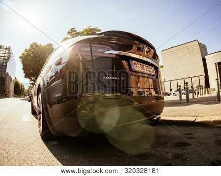 Chambery, France - Aug 15, 2017: Wide Angle Lens Fish-eye Over Luxury Tesla Model X Electric Car Suv