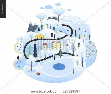 Magical Winter Landscape - Snowed Up Island With Hills, Roads, Cars, Houses And Snow-covered Trees, 