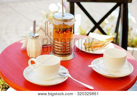 Healthy Breakfast With Vitaminic Healthy Orange Coffeine Free Sea Buckthorn Tea In French Press With