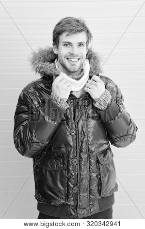 Guy Wear Warm Jacket With Hood. Feel Comfortable In Warm Clothing. Keep Warm. Comfortable Winter Clo