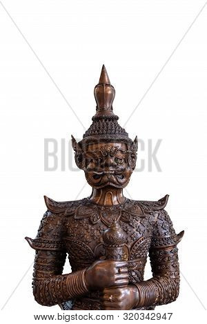 Close Up Of Face Of Tos-sa-kan From Ramakien Isolate On White Background. Brass Statue Of The Giant 