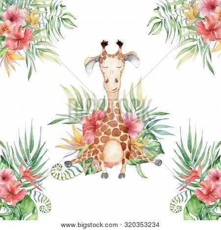 Cute Watercolor Geraffe With Tropical Flowers Card Hand Drawn Illustration