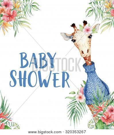 Cute Watercolor Geraffe With Tropical Flowers Card Hand Drawn Illustration