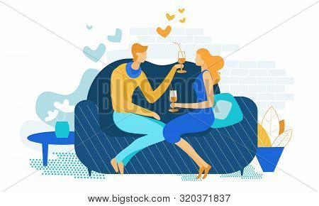Young Couple Romantic Dating At Home. Loving Male And Female Character Sitting On Couch Drinking Bev