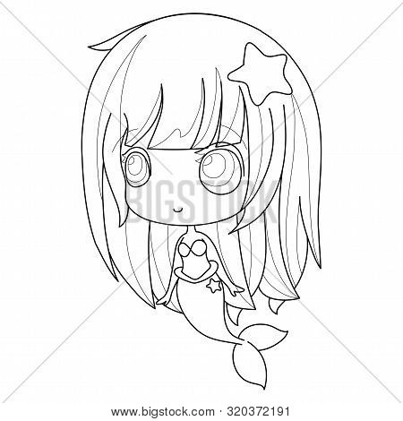 Beautiful Princess Mermaid Line Art For Coloring. Vector Cartoon Magic Young Girl Undersea Illustrat