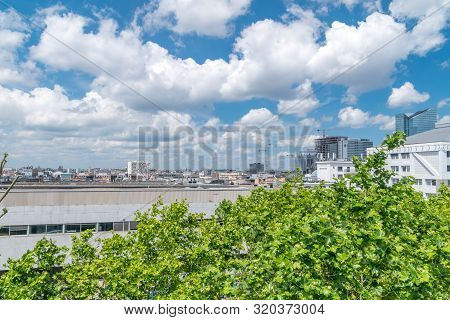 Panoramic View Of Brussels City In Belgium During Cloudy Day.